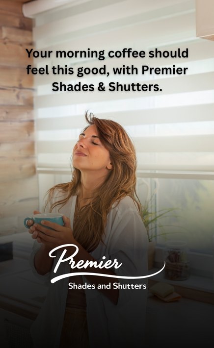 Premier Shades and Shutters advert showing custom shades in a kitchen